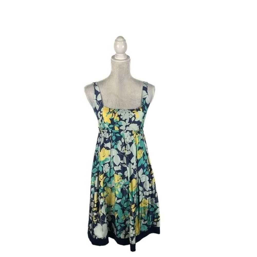 BCBG Paris Navy Silk Floral Babydoll‎ Dress Square Neck Empire Waist Pleated 4